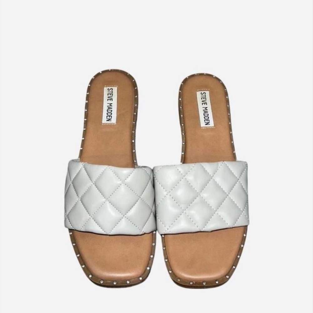 Steve Madden Quilted Cream Slide Sandals with Stud Trim - Picture 2 of 6